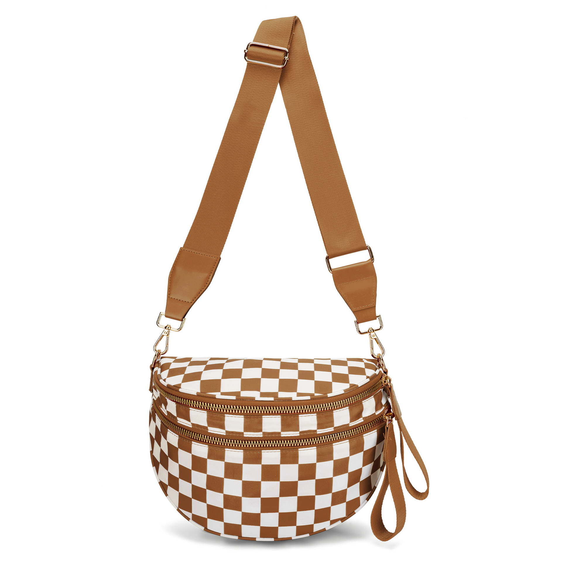 V888-ELOSUNG33479-202506241153-00 Light Brown Checkered Trendy Sling Bag - Women's Crescent Crossbody Purse with Wide Adjustable Strap - Image 1