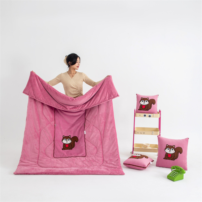 V888-ELOSUNG33522-202506301130-00 Pink Little Squirrel - 2-in-1 Foldable Car Pillow Blanket - Cozy 40x40cm Pillow, Unfolds to 100x150cm Blanket for Travel and Office Naps - Image 1