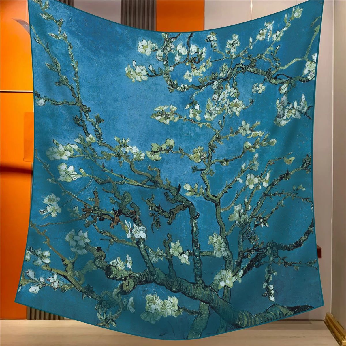 V888-ELOSUNG33547-202506301020-00 Almonds Elegant Artistry Shawl - Large 130cm Square Scarf with Oil Painting Print & Hand-Rolled Hem - Image 1