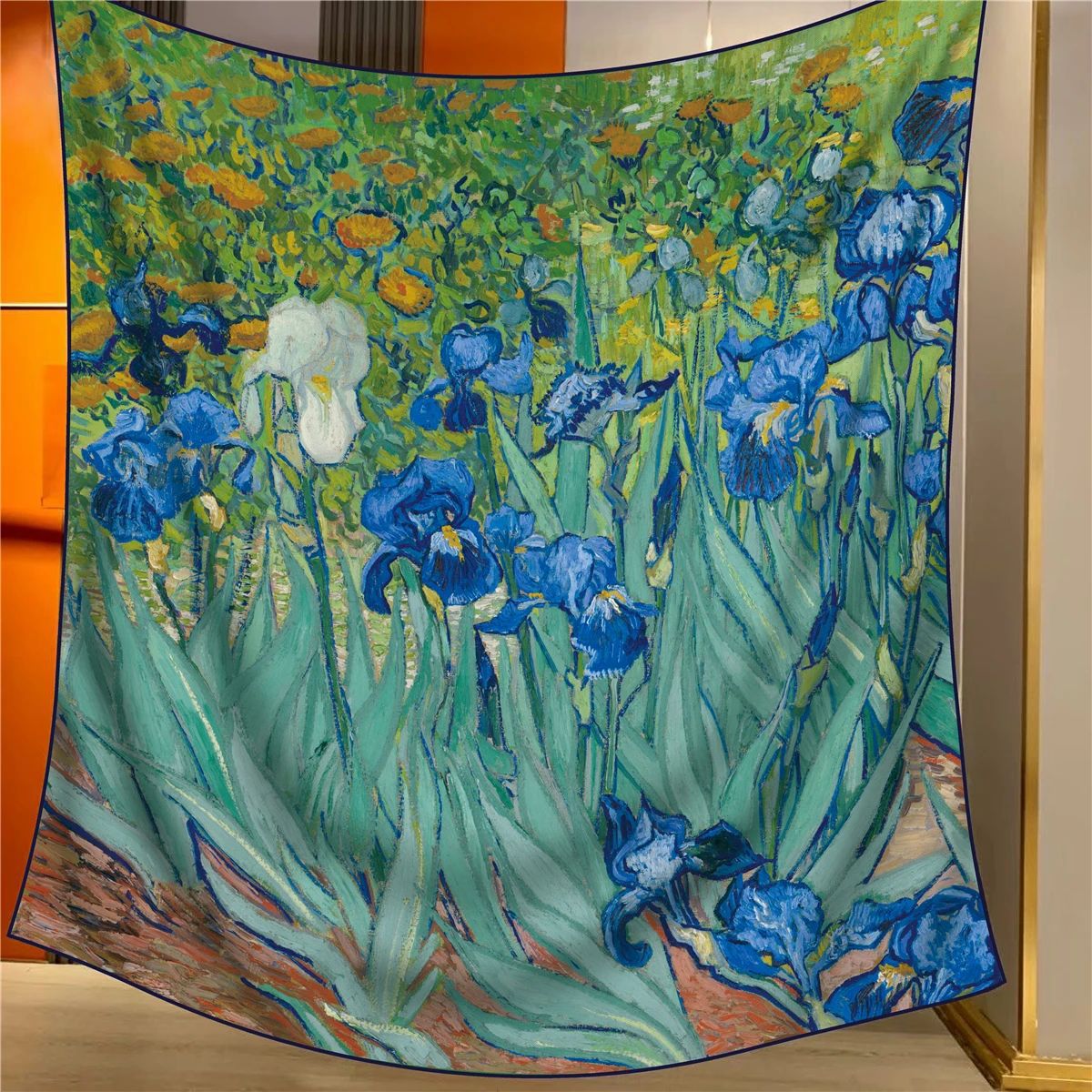 V888-ELOSUNG33550-202506301021-00 Irises Elegant Artistry Shawl - Large 130cm Square Scarf with Oil Painting Print & Hand-Rolled Hem - Image 1