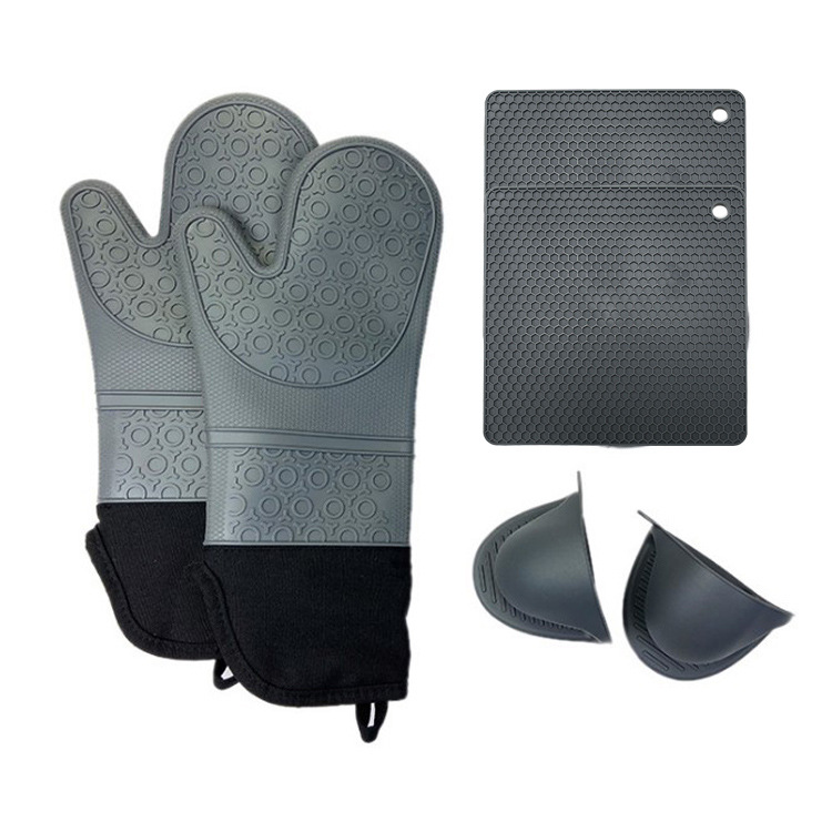 V888-ELOSUNG33571-202506301035-00 Dark Grey Set BPA-Free Non-Slip Silicone Oven Mitts - Heat Resistant Gloves with Honeycomb Pattern for Kitchen Safety - Image 1