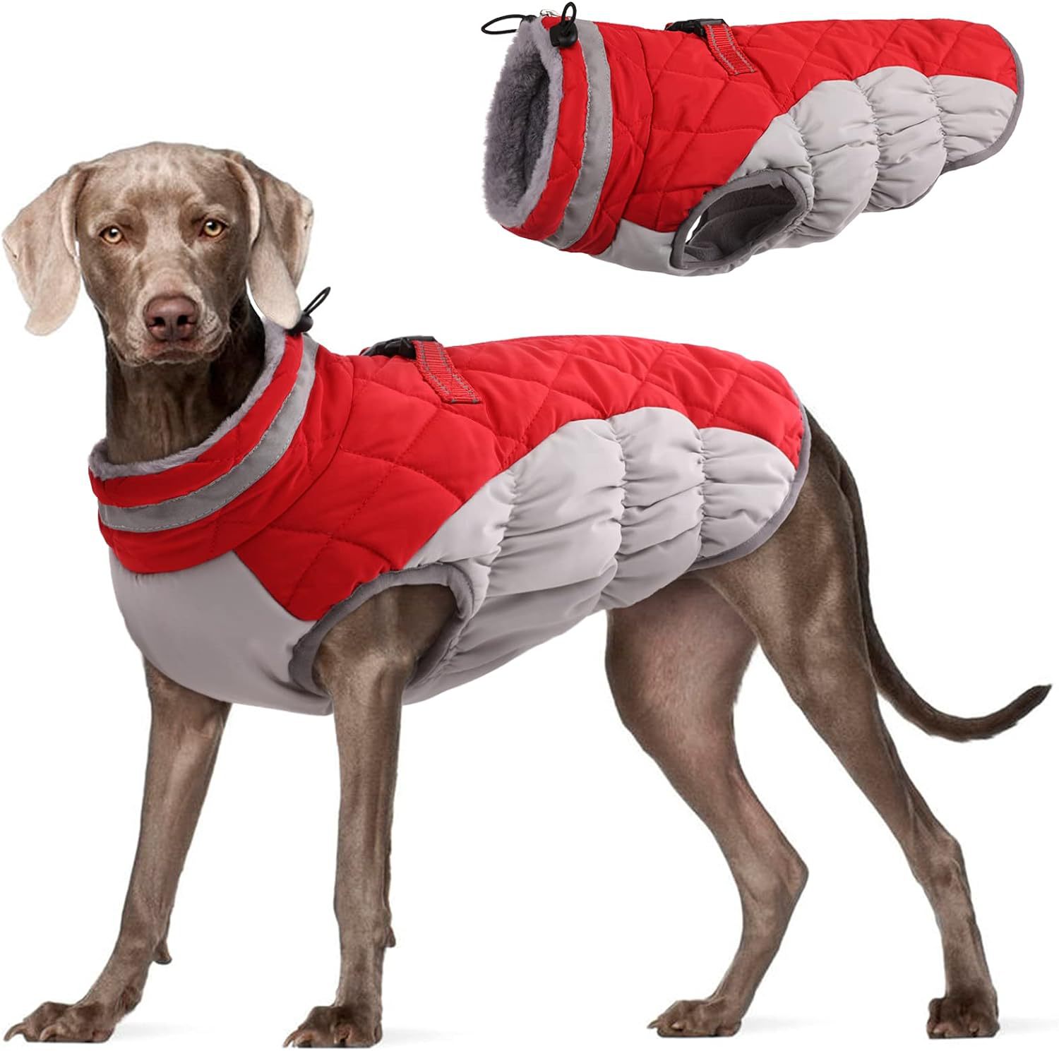 V888-ELOSUNG33657-202507021016-00 L Red Grey Premium Winter Puffer Dog Coat - Windproof & Fleece-Lined Jacket for Cold Weather - Image 1