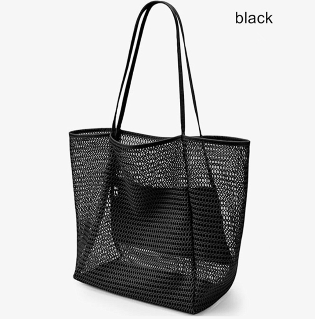 V888-ELOSUNG34134-202506101837-00 Black Large Mesh Beach Tote Bag - Lightweight & Foldable Shoulder Bag with Secure Zipper Pocket - Image 1