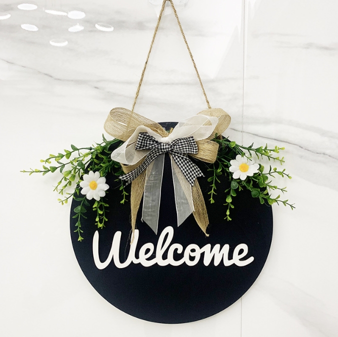 V888-ELOSUNG34141-202506190625-00 Dark Blue Rustic 'Hello' Welcome Sign - Farmhouse Round Wooden Wreath for Front Door Decor - Image 1