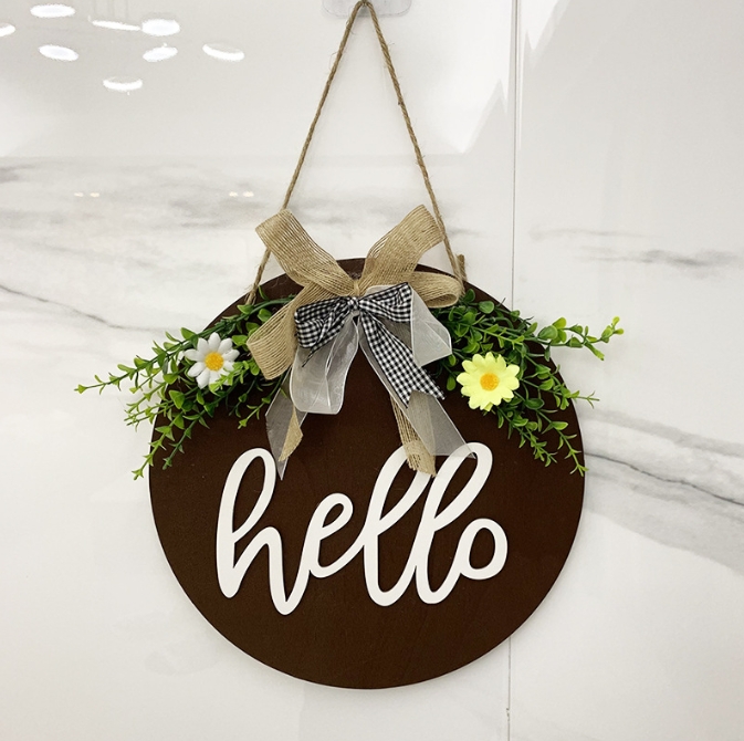 V888-ELOSUNG34143-202506190626-00 Brown Rustic 'Hello' Welcome Sign - Farmhouse Round Wooden Wreath for Front Door Decor - Image 1
