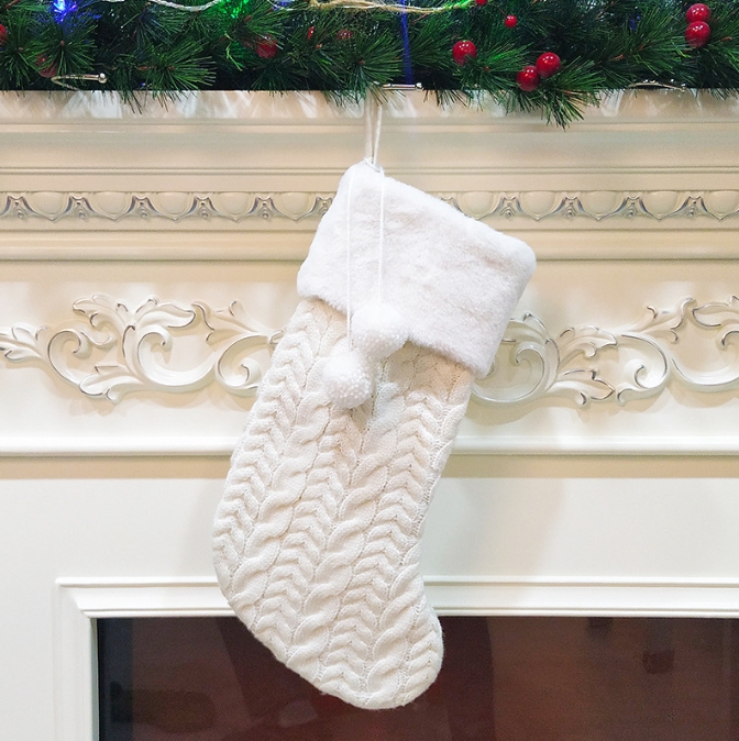 V888-ELOSUNG34148-202506190627-00 White Large Cable Knit Christmas Stocking - Classic 43cm Holiday Decor for Fireplace Hanging - Image 1