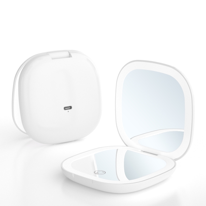 V888-ELOSUNG34195-202506191152-00 2-piece White Portable LED Makeup Mirror - Rechargeable Compact with 3-Color Lights & 5x Magnification - Image 1