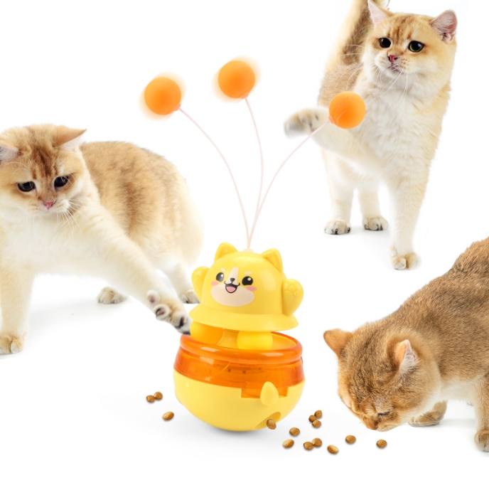 V888-ELOSUNG34302-202506301027-00 2-Piece Yellow Interactive Cat Tumbler Toy - 3-in-1 Treat Dispensing Puzzle Feeder with Ball Track & Teaser Wand - Image 1