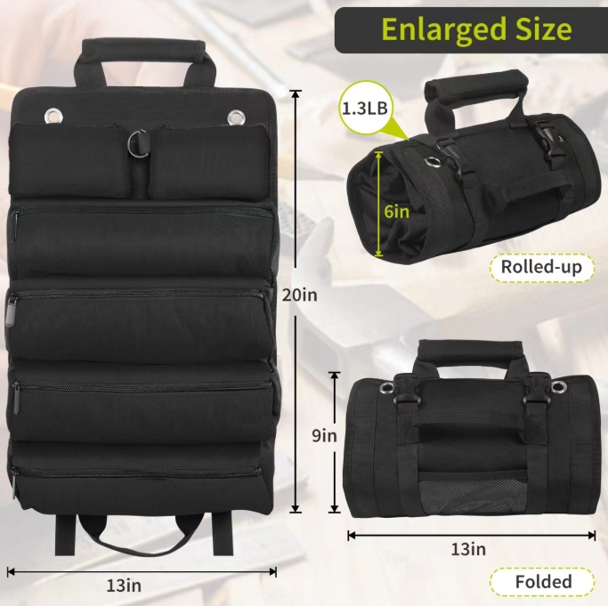 V888-ELOSUNG34344-202507021036-00 Black Heavy-Duty Roll-Up Tool Bag Organizer - Waterproof 1200D Fabric with 6 Pockets & Detachable Pouches - Image 1