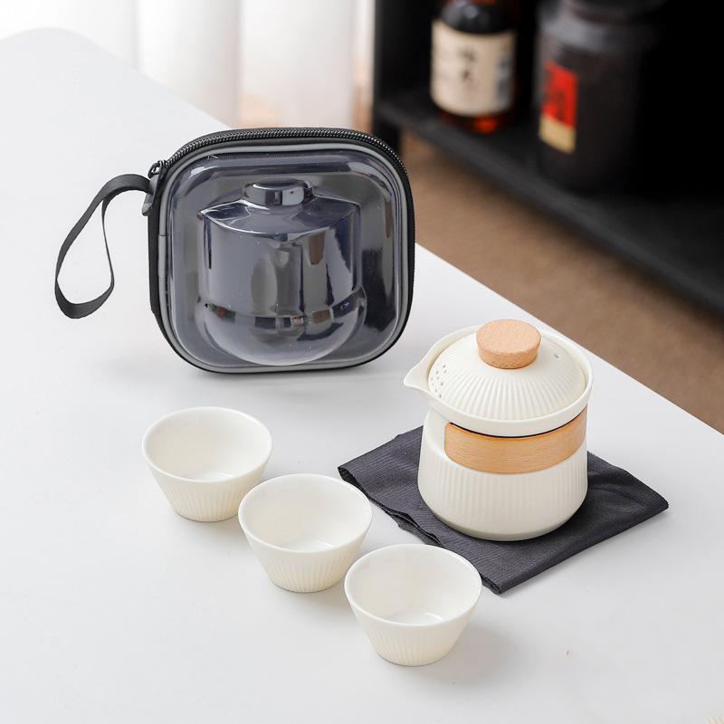 V888-ELOSUNG35036-202506191310-00 Portable Ceramic Travel Tea Set - One Pot Three Cups with Carrying Case, Elegant Frosted Finish(white) - Image 1