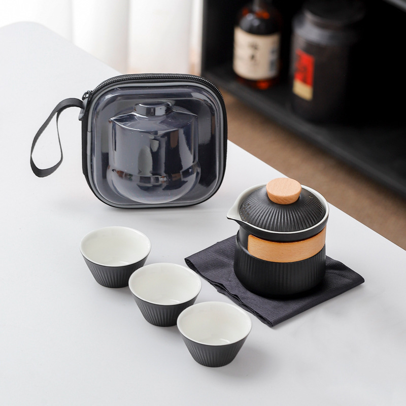 V888-ELOSUNG35038-202506191252-00 Portable Ceramic Travel Tea Set - One Pot Three Cups with Carrying Case, Elegant Frosted Finish(black) - Image 1