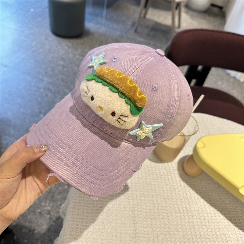 V888-ELOSUNG35377-202506301010-00 Adorable Cartoon Cat & Stars Baseball Cap - 100% Cotton, Adjustable Fit, Sun Protection(purple) - Image 1