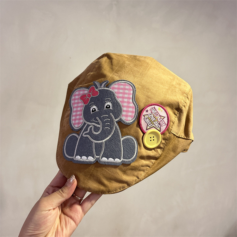 V888-ELOSUNG35434-202506301040-00 Cute Elephant Applique Beret Hat - Soft Fabric, Adjustable Fit, Retro Newsboy Cap(khaki) - Image 1