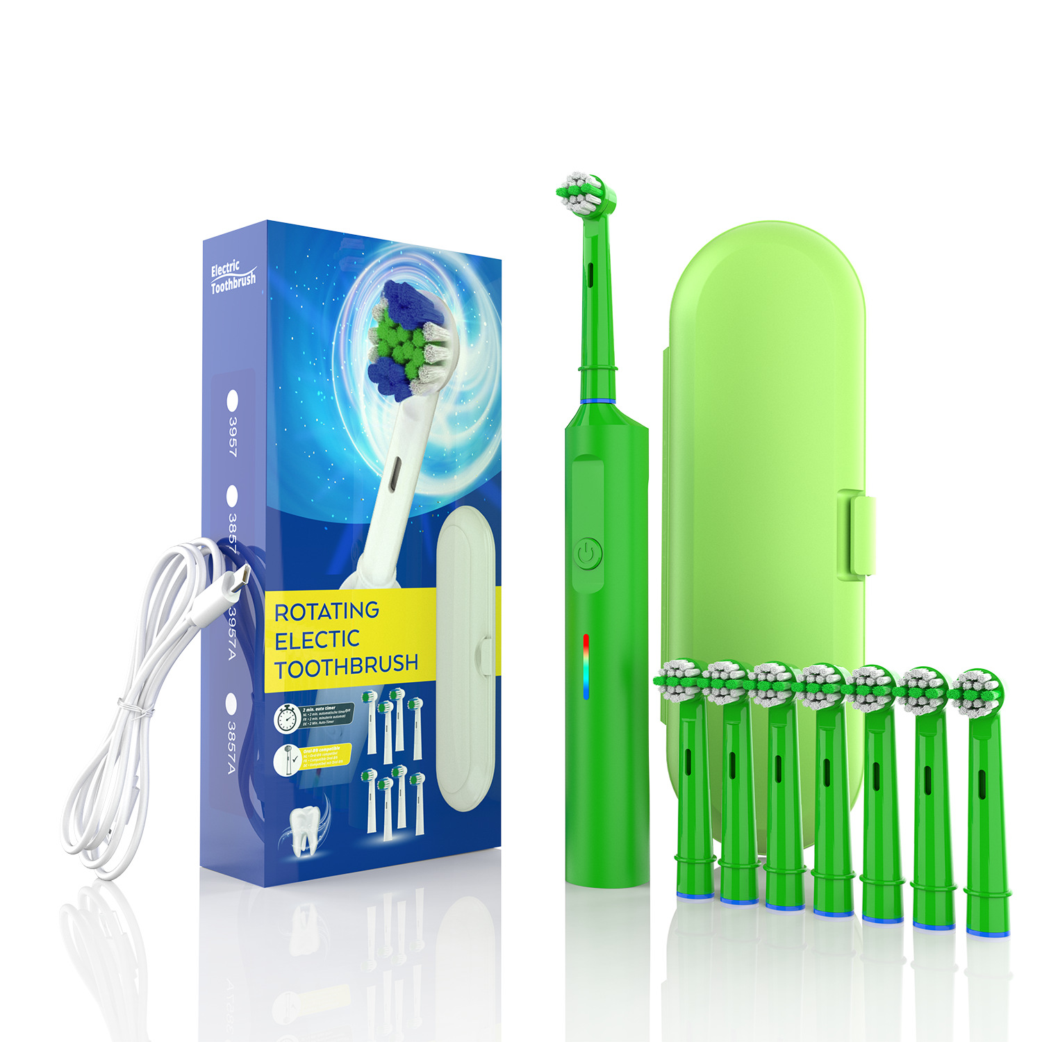 V888-ELOSUNG35587-202507041040-00 Rotating Electric Toothbrush with 3D Cleaning Action - 3 Modes, IPX7 Waterproof, with Travel Case & 6 Brush Heads(green) - Image 1