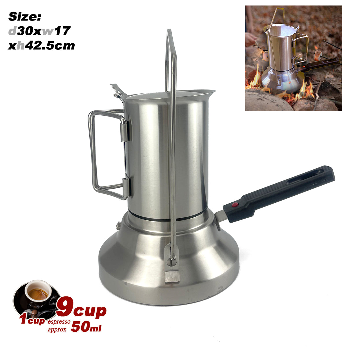 V891-ZY-COF-NOE-CAMPING9CUP-X1-197163-00 2 In 1 Camping Stainless Steel 9Cup Pot Moka Coffee Maker Italian Espresso Kettle 2024 NEW MODLE - Image 1