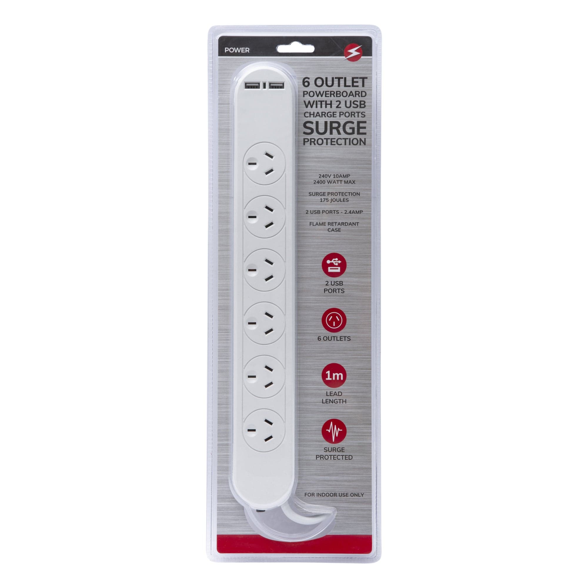 V915-EL0035-203756-00 6 Outlet Powerboard With Surge Protection and Dual USB Charger 1M Lead Cable - Image 1