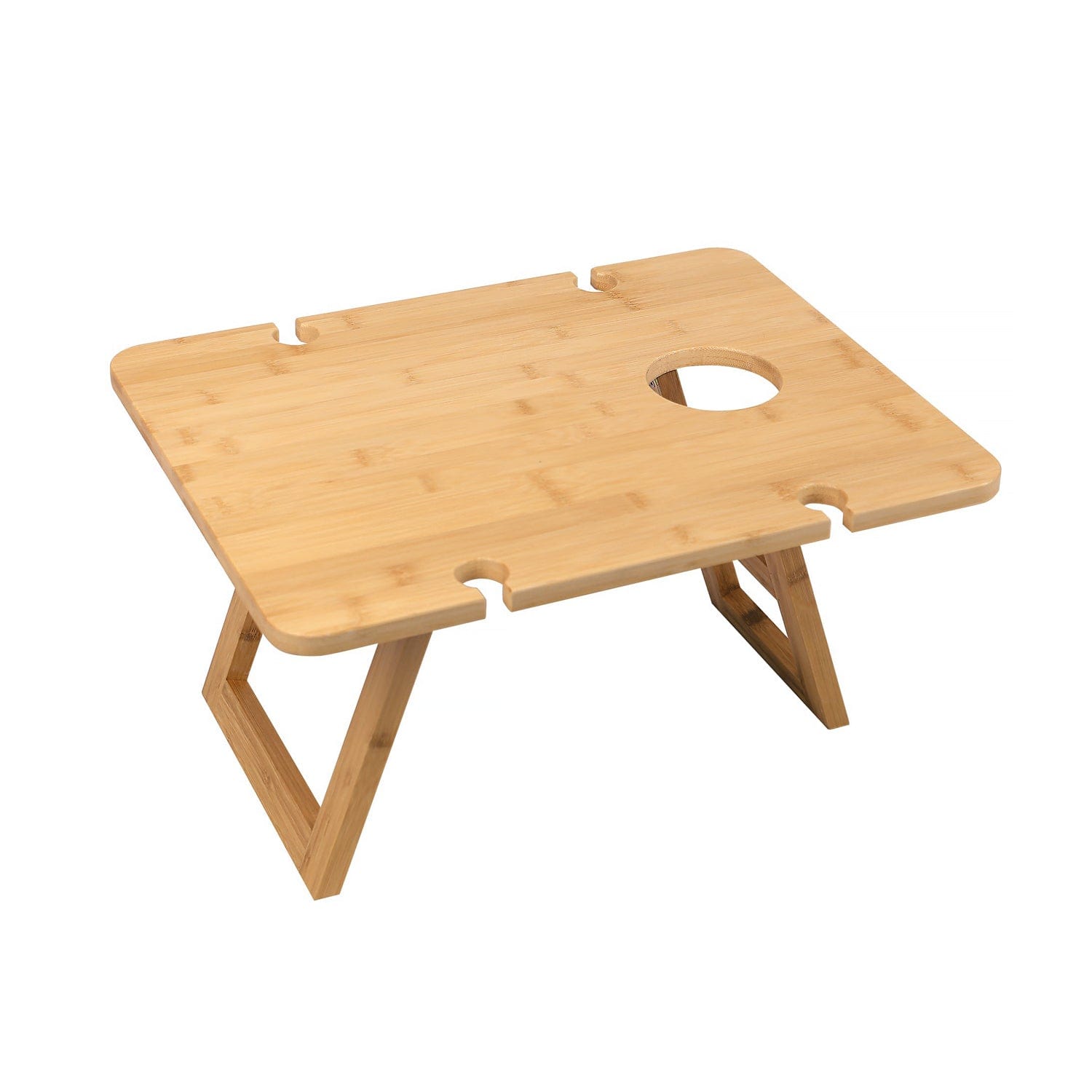 V915-KU0192-203573-00 Bamboo Foldable Picnic Table Tray with Wine and Glass Holders - Image 1