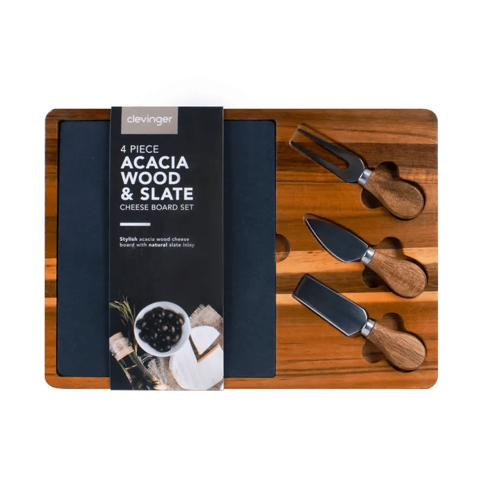 V915-TB0005-203571-00 Clevinger 4 Piece Acacia Wood & Slate Cheese Board With Knife Set - Image 1
