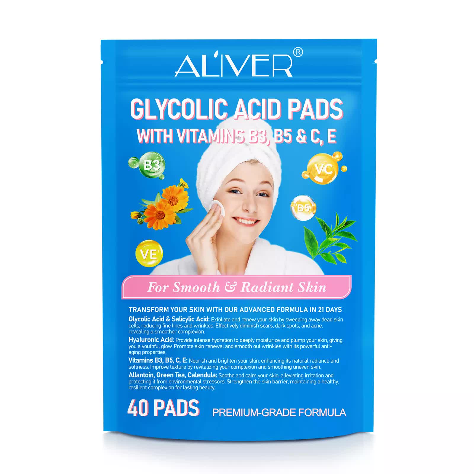V932-ALIVER-G-PAD-208763-00 ALIVER Glycolic acid pads with vitamins B3,B5 & C,E 40 PADS - Image 1
