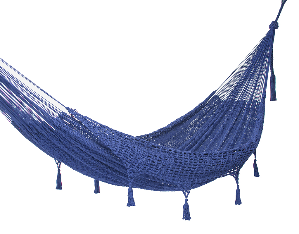 V97-TDKBLUE-52287-00 Outdoor undercover cotton Mayan Legacy hammock with hand crocheted tassels King Size Blue - Image 1