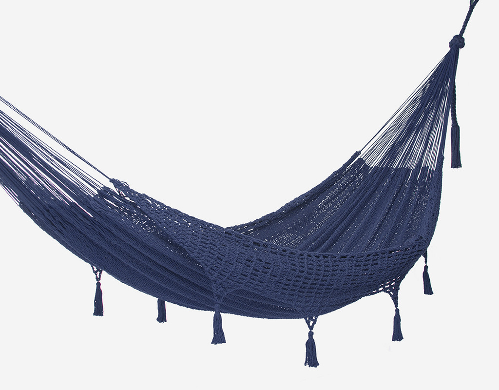 V97-TDQBLUE-52291-00 Outdoor undercover cotton Mayan Legacy hammock with hand crocheted tassels Queen Size Blue - Image 1