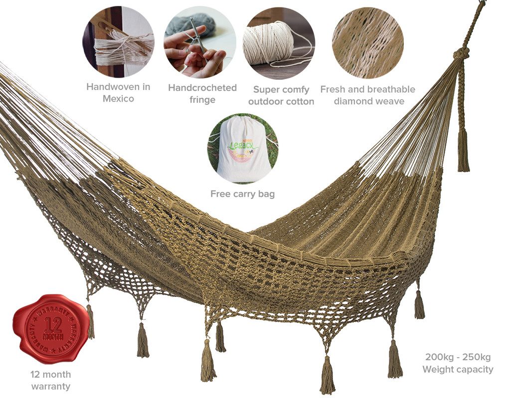 V97-TDQCEDAR-52295-00 Outdoor undercover cotton Mayan Legacy hammock with hand crocheted tassels Queen Size Cedar - Image 1