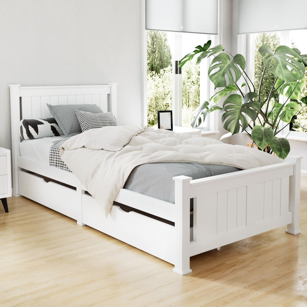 WBED-D-004S-92-DRAW-AB-21766-00 Artiss Bed Frame Single Size Wooden with 2 Drawers White RIO - Image 1