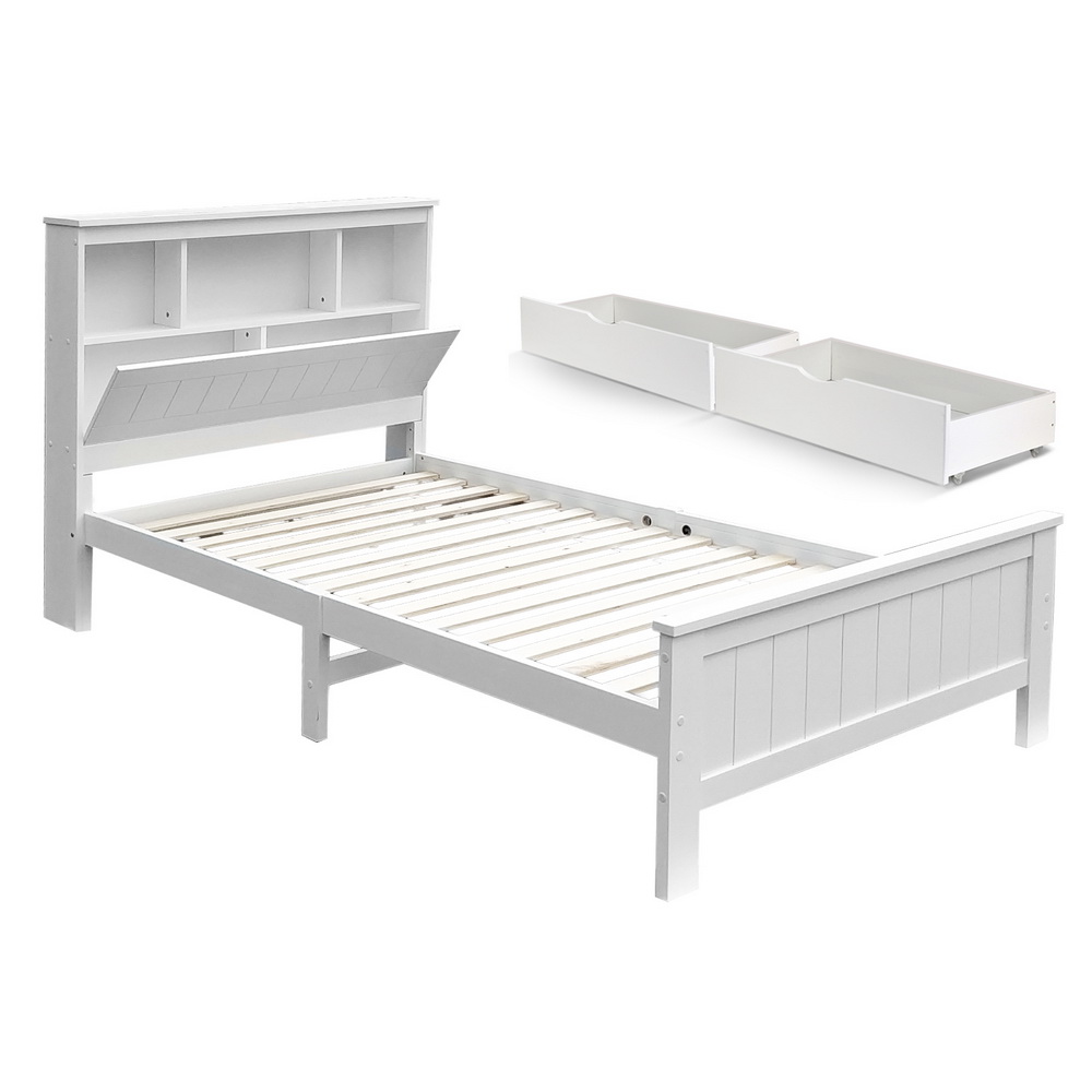 WBED-D-S1-107-DRAW-202506111512-00 Artiss Bed Frame King Single Size Wooden with 2 Storage Drawers White - Image 1
