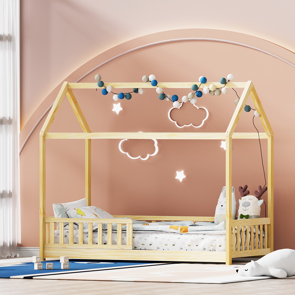 WBED-F-HOUSE-ROCK-S-WD-AB-57983-06 Artiss Bed Frame Wooden Kids House Frame Oak ROCK - Image 1