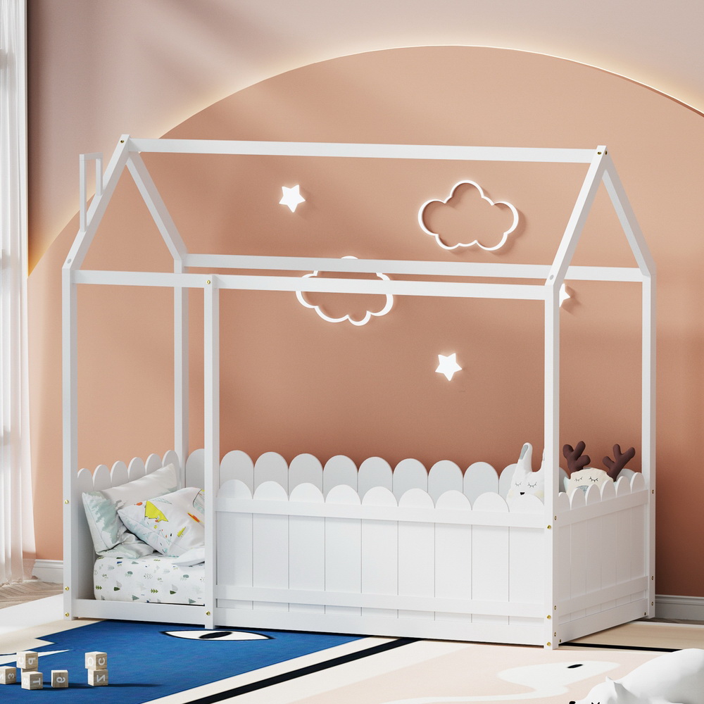 WBED-KORI-S-WH-AB-173484-04 Artiss Bed Frame Wooden Kids House Single Frame White KORI - Image 1