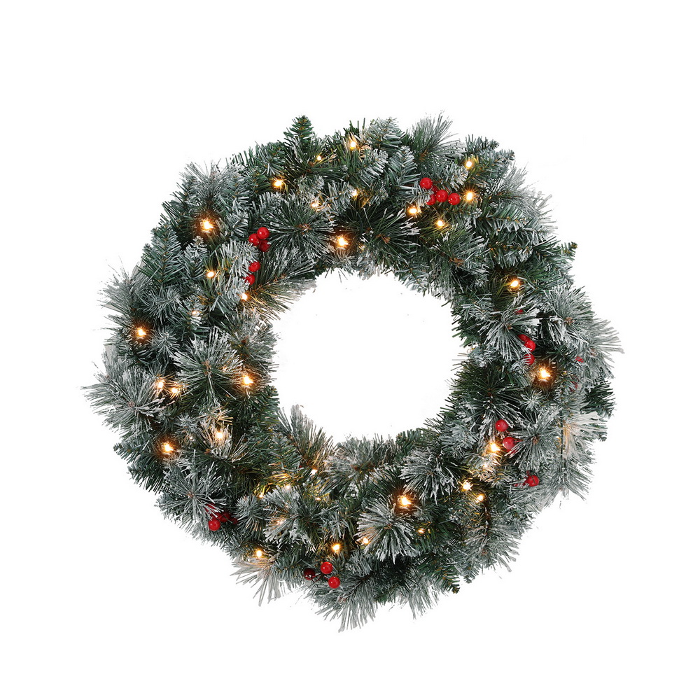 XM-TR-WRE-FROST-BERRY-LED-190850-00 Jingle Jollys 60cm Christmas Wreath LED Lights Snowy Berries Garland Party Decor - Image 1