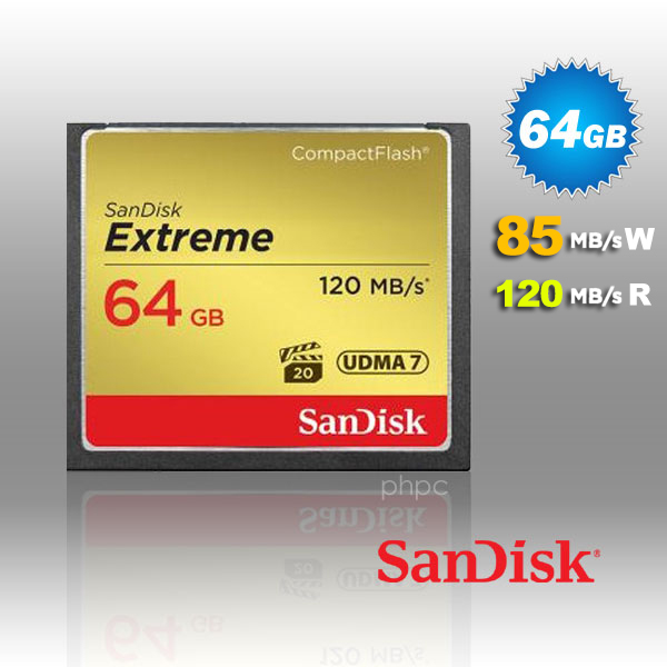 ffcsan64gcfeb120_19 SanDisk 64GB Extreme CompactFlash Card with (write) 85MB/s and (Read)120MB/s - SDCFXSB-64G - Image 1