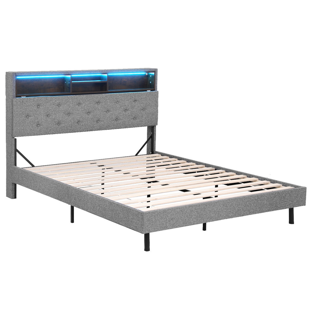 BFRAME-F-MIDNIGHT-D-BK-ABC-202508142008-00 Artiss Bed Frame Double Size LED Mattress Base Platform with Storage Shelf Hidden Storage Box Grey - Image 1