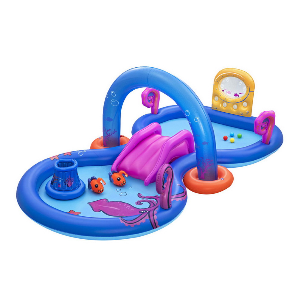 BW-POOL-PLAY-53167-202507181432-00 Bestway Kids Inflatable Play Splash Pool with Slide Ball Tossing Toys Coral Basket - Image 1