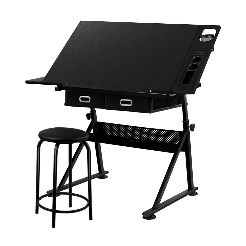 DRAW-DESK-ST19-BK-202508061852-00 Artiss Drawing Desk Stool Set Drafting Table Adjustable Angle Tilt Drawers Black - Image 1
