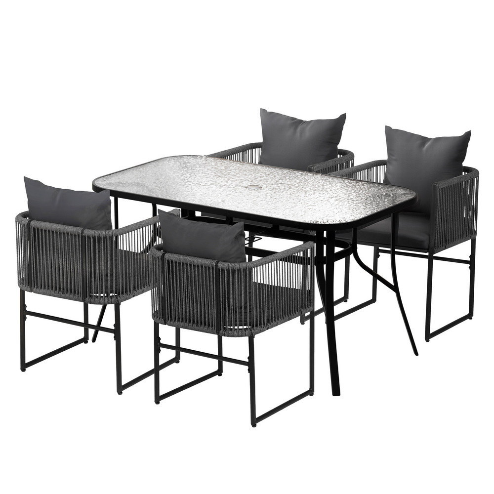 FF-DINING-ROPE-140-5PC-202509011318-00 Gardeon 5PC Outdoor Dining Set Table and Chairs Patio Furniture Garden Bistro Set Black - Image 1