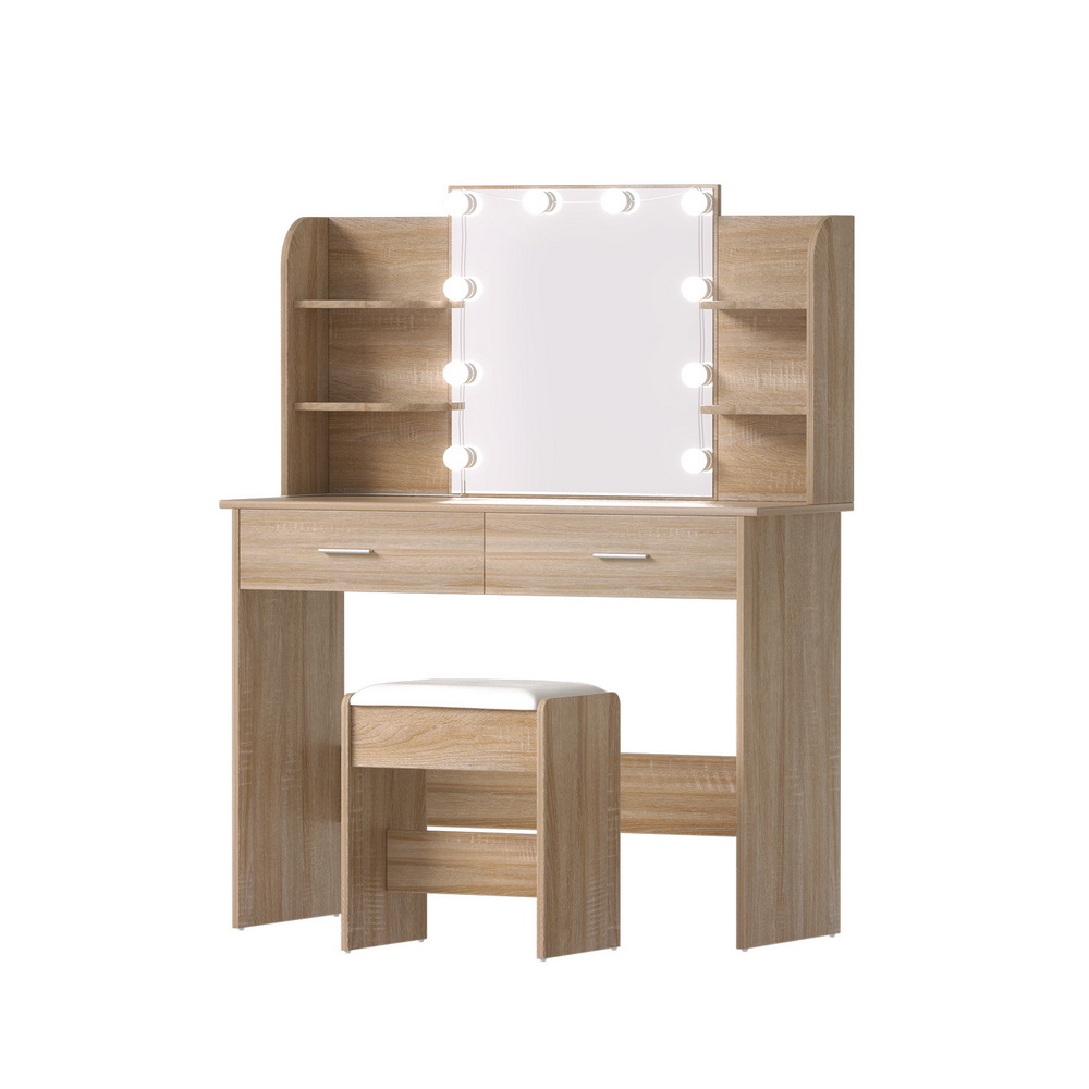 FUR-V-DRESS04-LED-WD-AB-202509021612-00 Artiss Dressing Table Set Stool 10 Led Bulbs Wood - Image 1