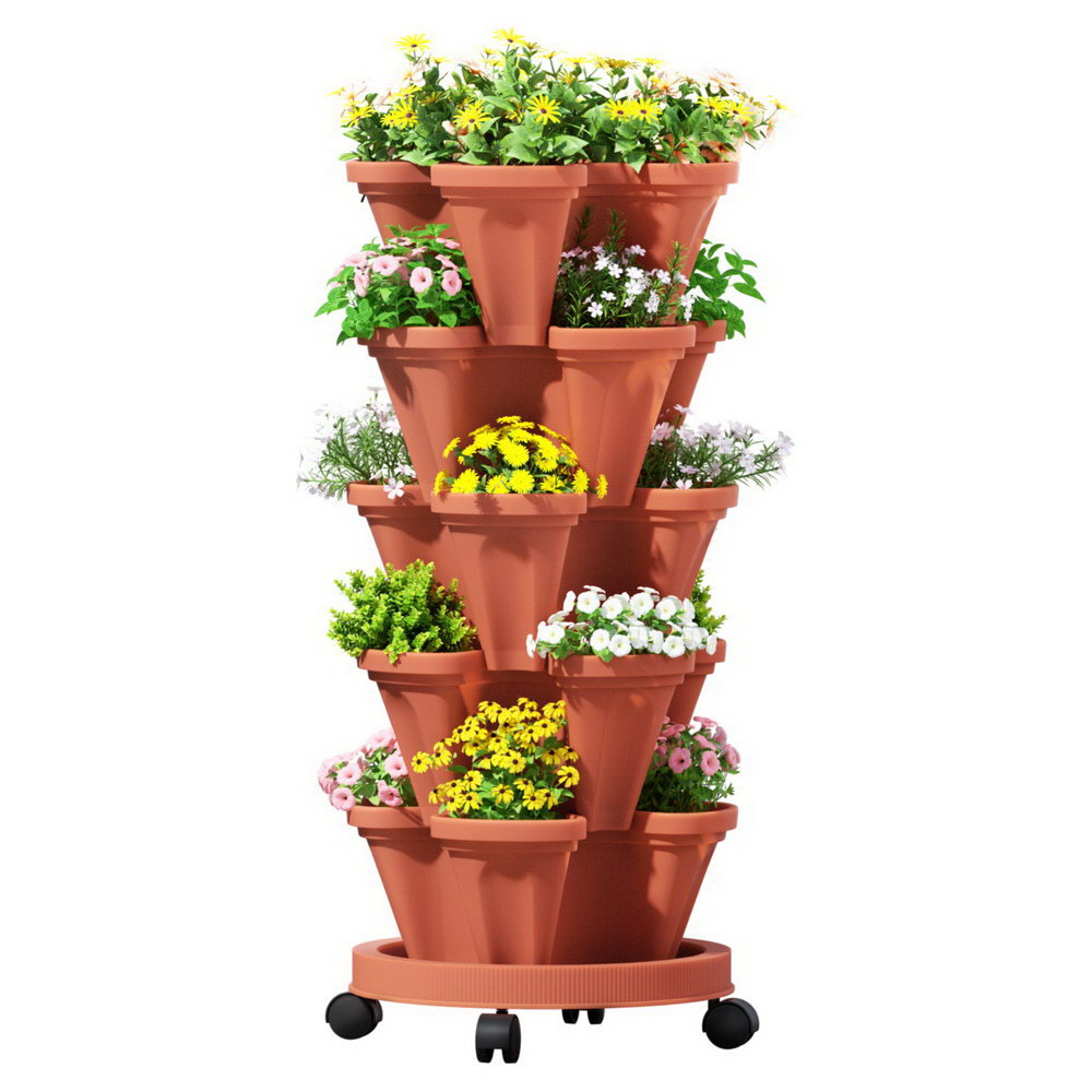 GARDEN-PLASTIC-25L-BR-202507221506-00 Green Fingers Raised Garden Bed 5 Tier Vertical Garden Brick Red Strawberry Stackable Planters Herbs Petunias - Image 1