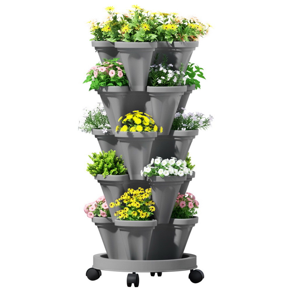 GARDEN-PLASTIC-25L-GR-202507221506-00 Green Fingers Raised Garden Bed 5 Tier Vertical Garden Grey Strawberry Stackable Planters Herbs Petunias - Image 1
