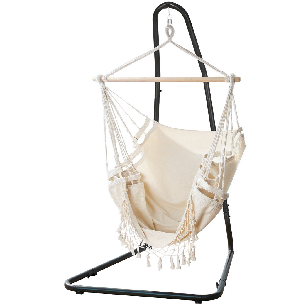 HM-CHAIR-TASSEL-CREAM-A-202508051814-00 Gardeon Hammock Hanging Chair with Steel Stand - Image 1