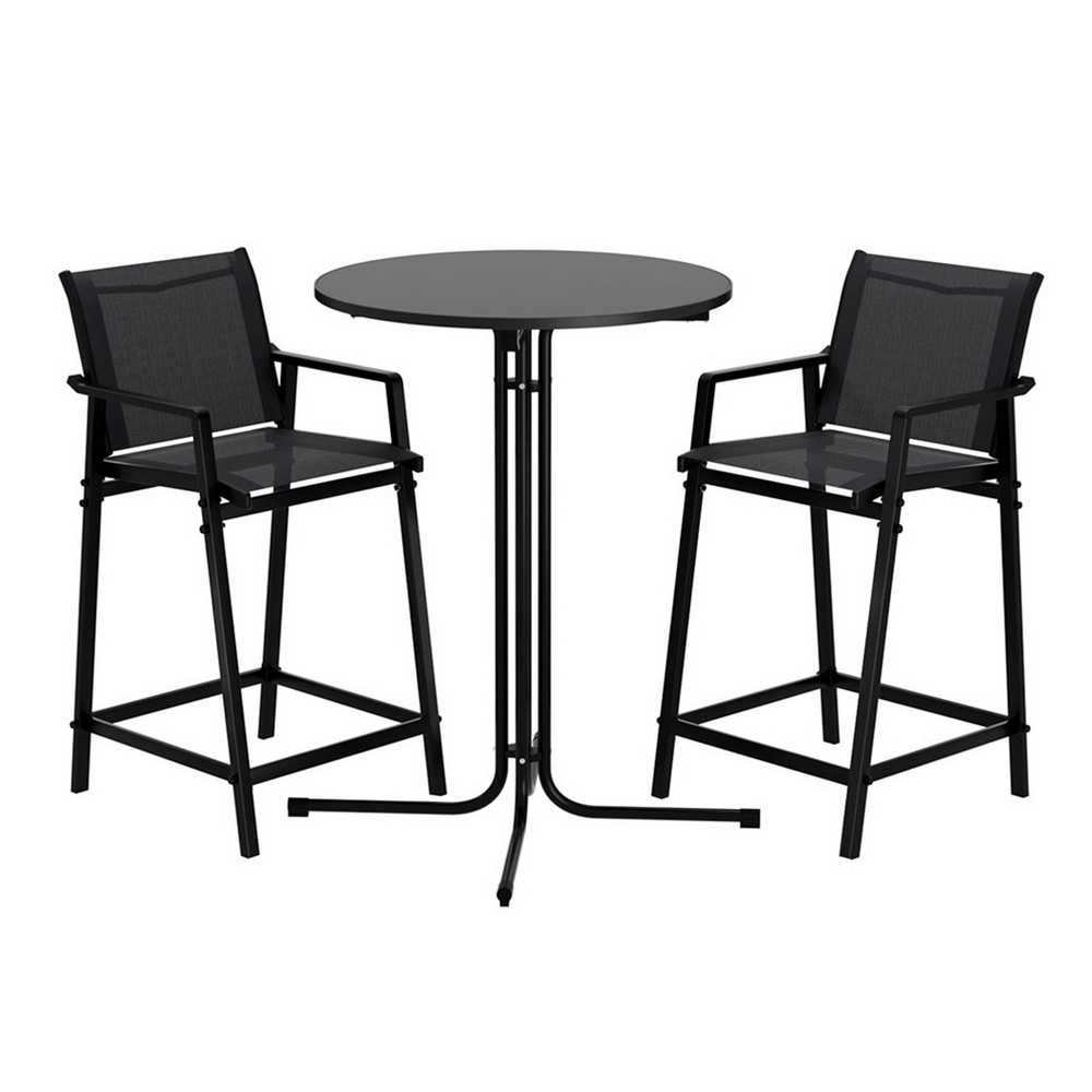 ODF-BARSET-3TEX-BK-202508281528-00 Gardeon 3PC Outdoor Bar Set Stools Dining Chairs Table Patio Furniture Bistro Set Steel Black - Image 1