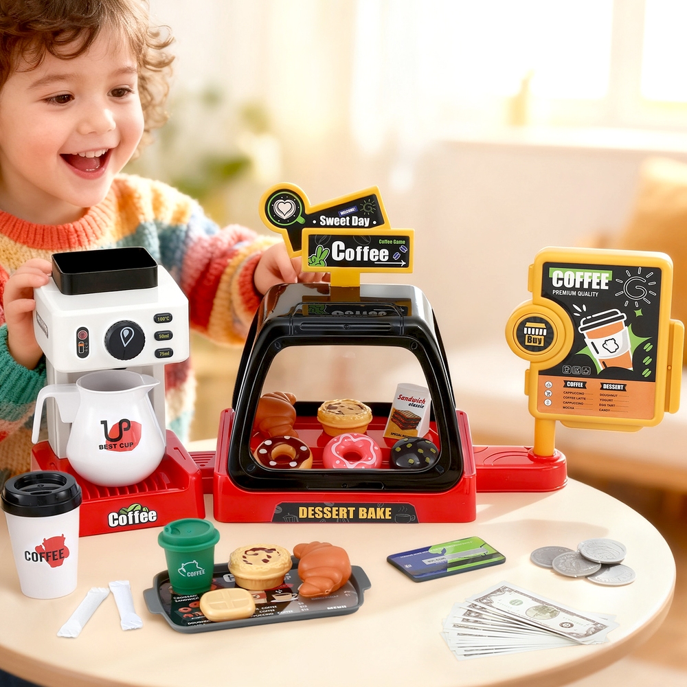 PLAY-B-COFFEE-41PCS-202509291426-00 Keezi Kids Pretend Role Play Toy Coffee Shop with Coffee Maker Machine Play Money Food Tea Party Set - Image 1