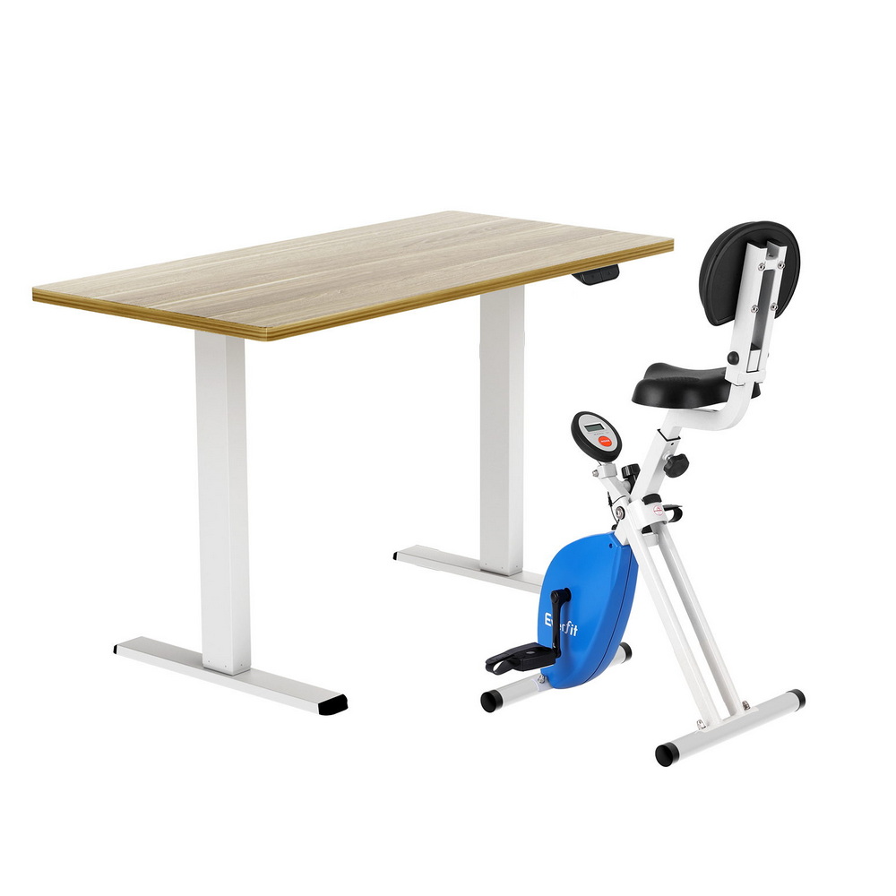 SDEB-114G-WHNT-140-DB02-202508251220-00 Artiss Under Desk Folding X-Bike with 140cm Automatic Standing Desk Magnetic Resistance Oak - Image 1
