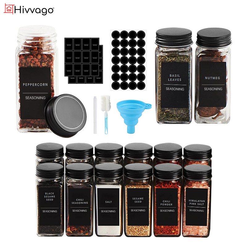 V1003-HW-SBS015-CLR-202507301004-00 Hivvago 12 Pack Glass Spice Jar Set 120ml Airtight Square Jars with Shaker Lids Labels Funnel and Brush - Image 1