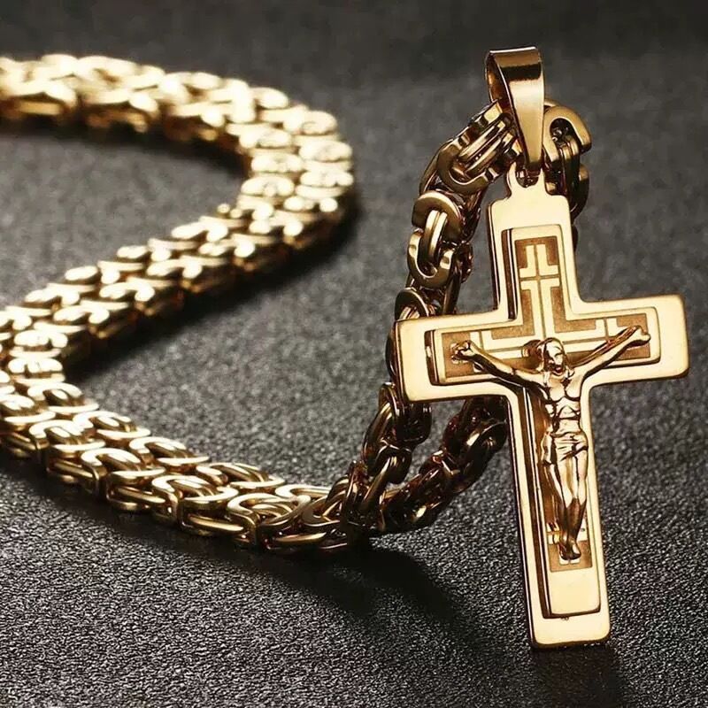 V1102-HYXL001-202509151029-00 Trident cross men's pendant necklace - gold U-shaped flat chain design, religious style fashion accessory, suitable for daily and formal occasions | high-quality accessory | exquisite men's jewelry - Image 1