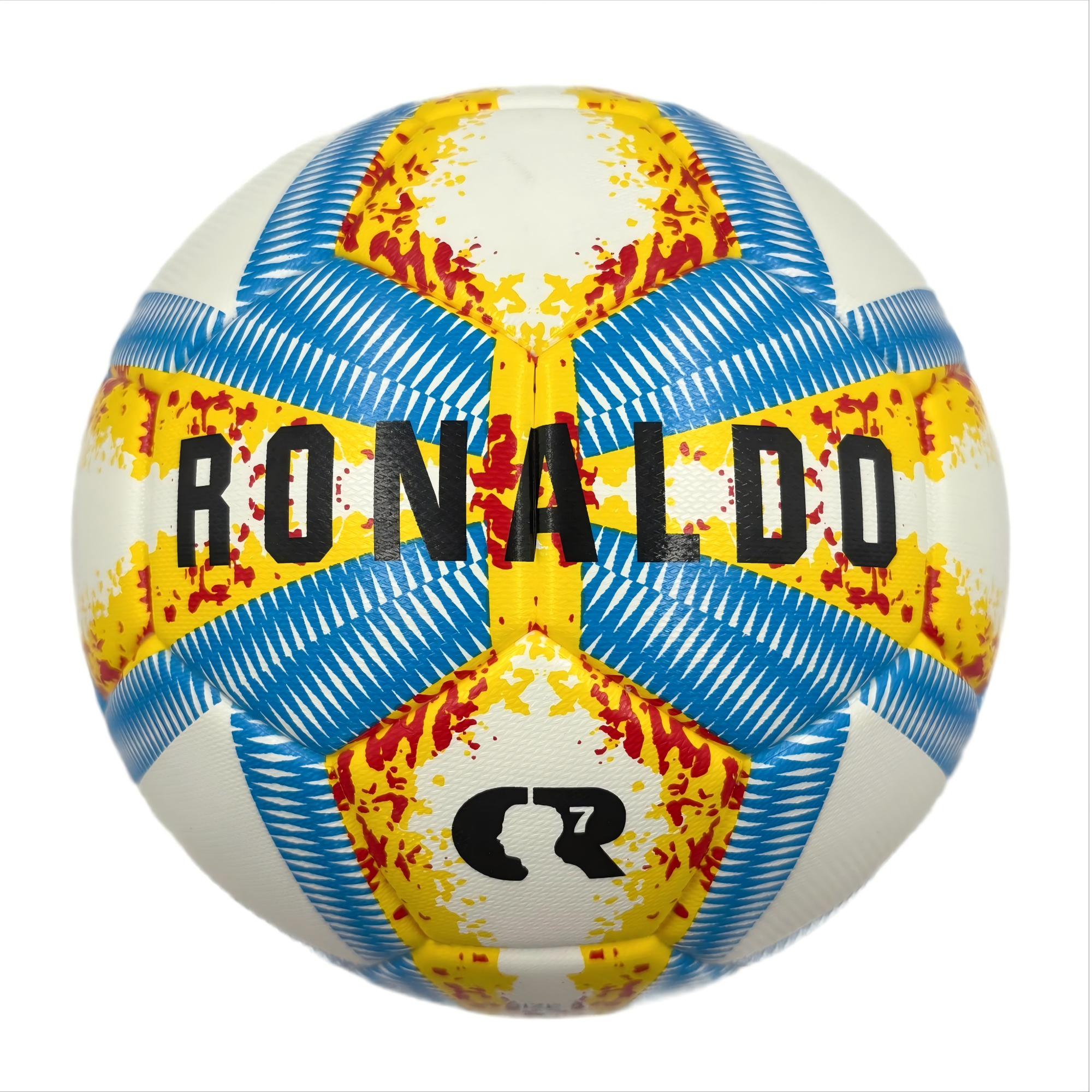 A yellow, blue and red football with color matching size5, PU fitting material, Christmas Boxing Day gift, including pump+air needle+net bag set,soccer