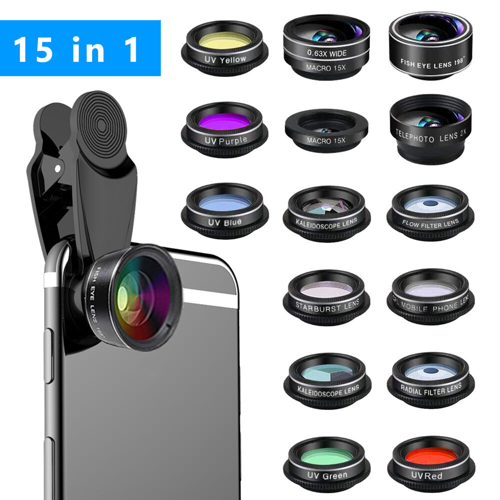 V1102-SYSX001-202509151304-00 15-in-1 kit with multiple special effects functions, compatible with iPhone and Android smartphones. Includes: 198 fisheye, 0.63x wide angle, 15x macro, 2x telephoto, CPL polarizer, kaleidoscope lens, star filter, mist filter, radial filter - Image 1