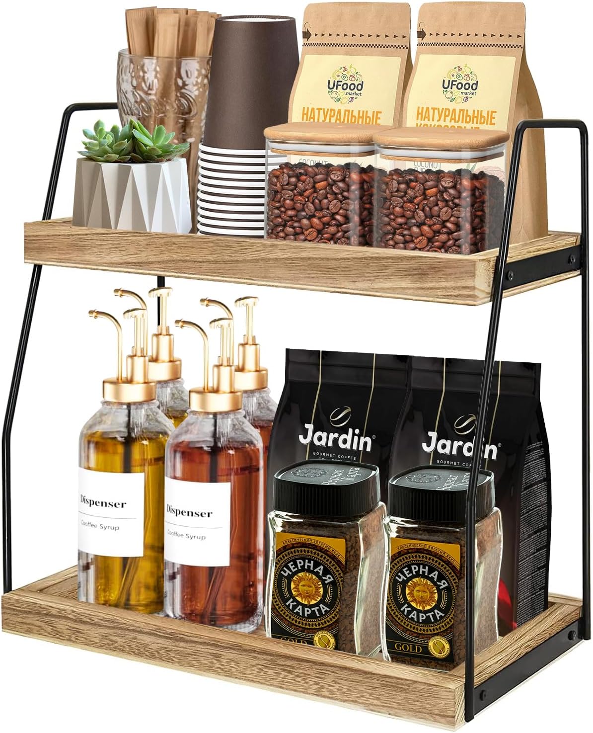 V178-36176-202507301353-00 CARLA HOME 2-Tier Wooden Coffee Station Rack Organizer for Coffee Bar, Condiments, Syrups, Storage Jars & Spice Storage Shelf - Image 1