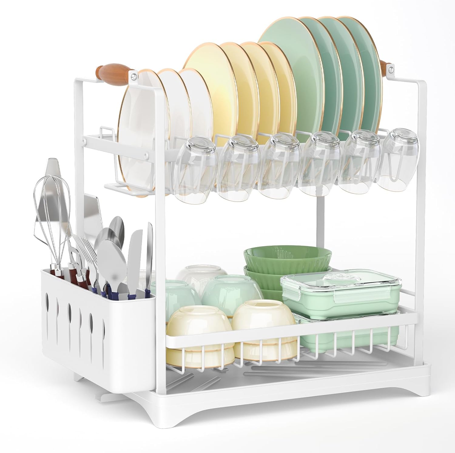 V178-36212-202507301345-00 CARLA HOME 2-Tier Large Dish Drying Rack with Drainboard, Utensil Holder, Glass Hooks & Cutlery Storage (White) - Image 1