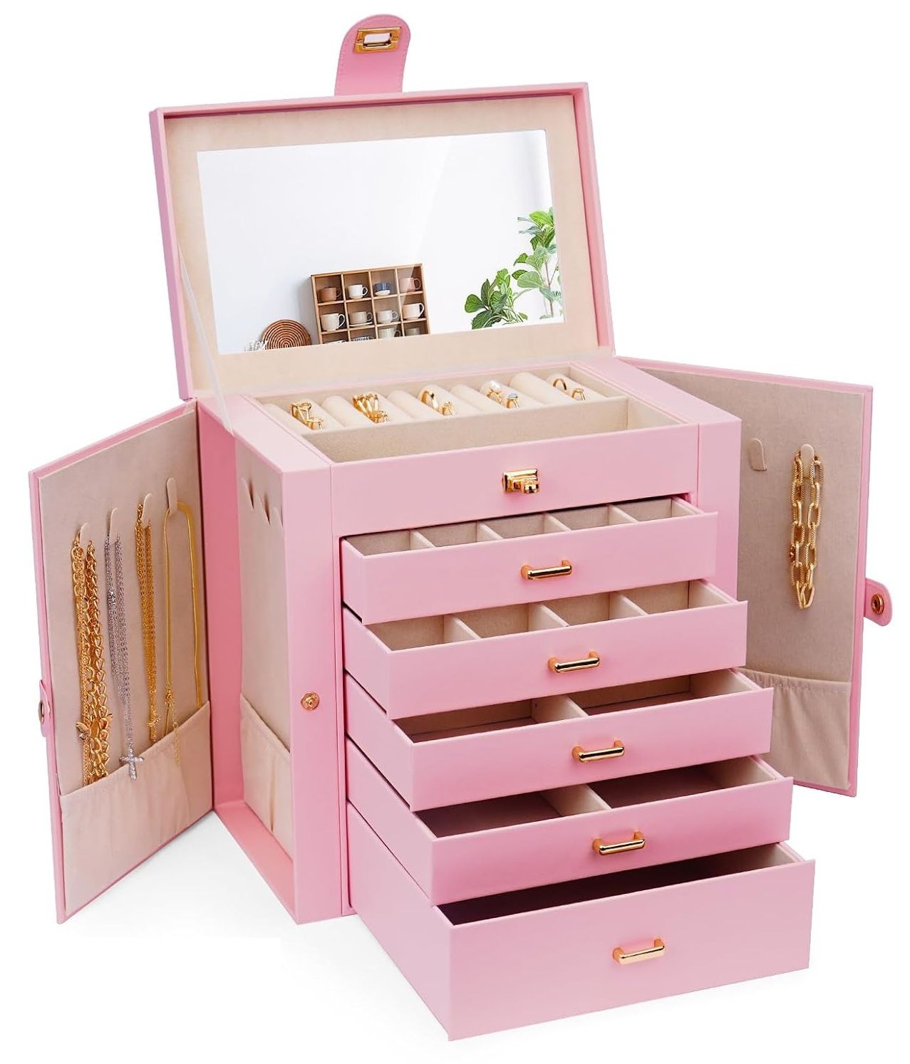 V178-36227-202507301341-00 CARLA HOME 6-Layer Large Jewelry Box for Women withDrawers, Mirror, Lock, Necklace Hooks & Side Compartments for Rings, Earrings, Bracelets, Gifts (Pink) - Image 1